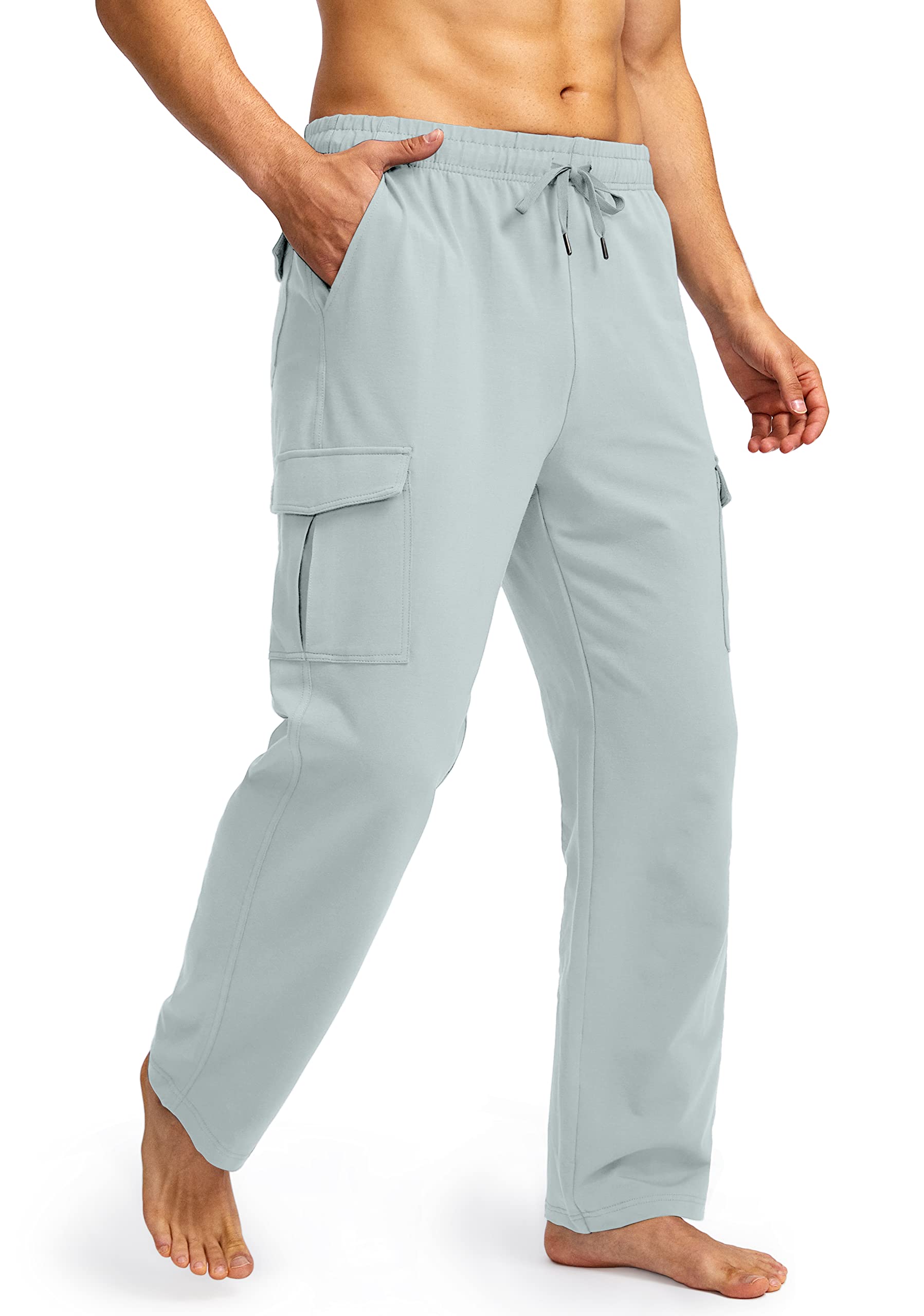 PudollaMen's Cotton Sweatpants with Cargo Pockets Open Bottom Yoga Pants for Men Lounge Pants for Athletic Workout Casual
