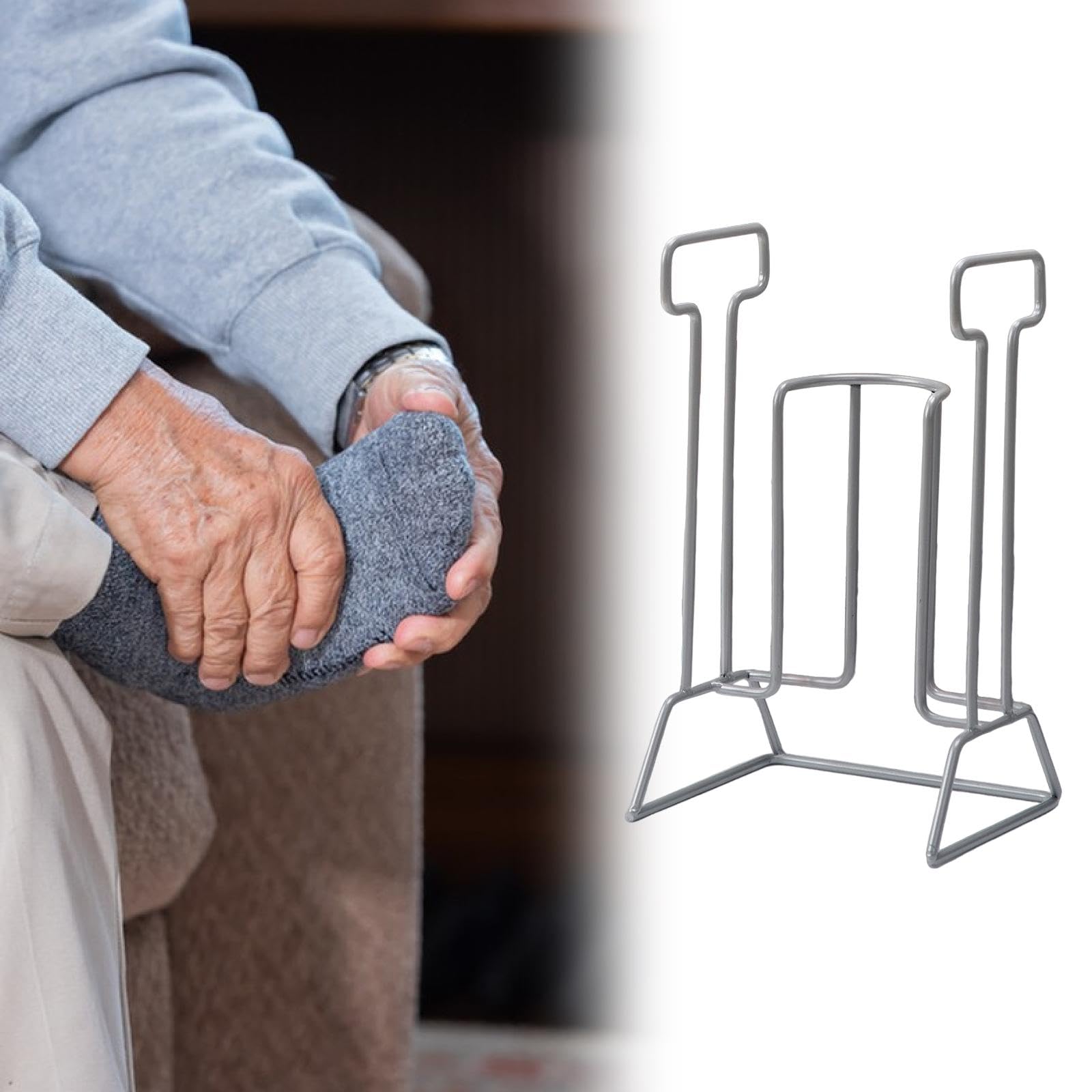 Ayuda para Calcetines Dispositivo Asistencial para Mayores Herramienta para Ponerse Medias Bastón Ergonómico de Hierro Adecuado para Uso, Gris Claro