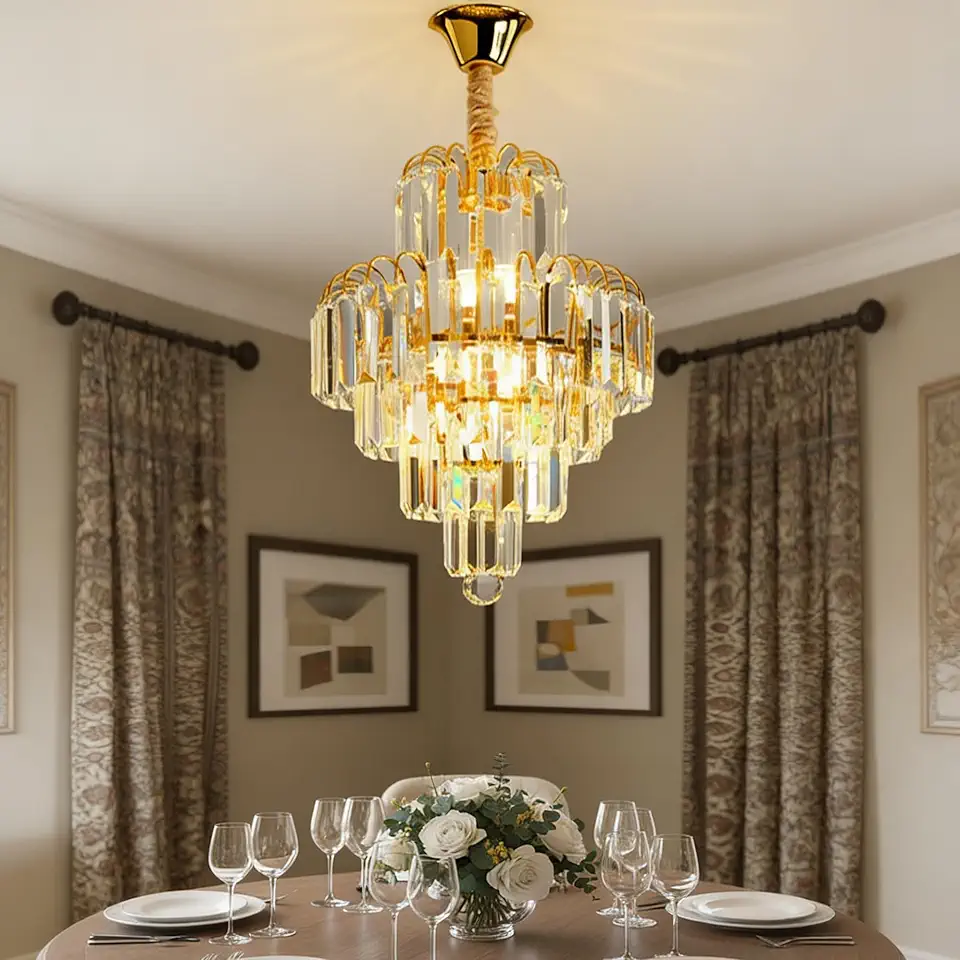 Lustre de Cristal Clássico LED - Luminária de Vidro para Sala com Iluminação Aconchegante, Lustre Romântico para Quarto e Sala de Jantar (30cm-5 camadas de cristal)