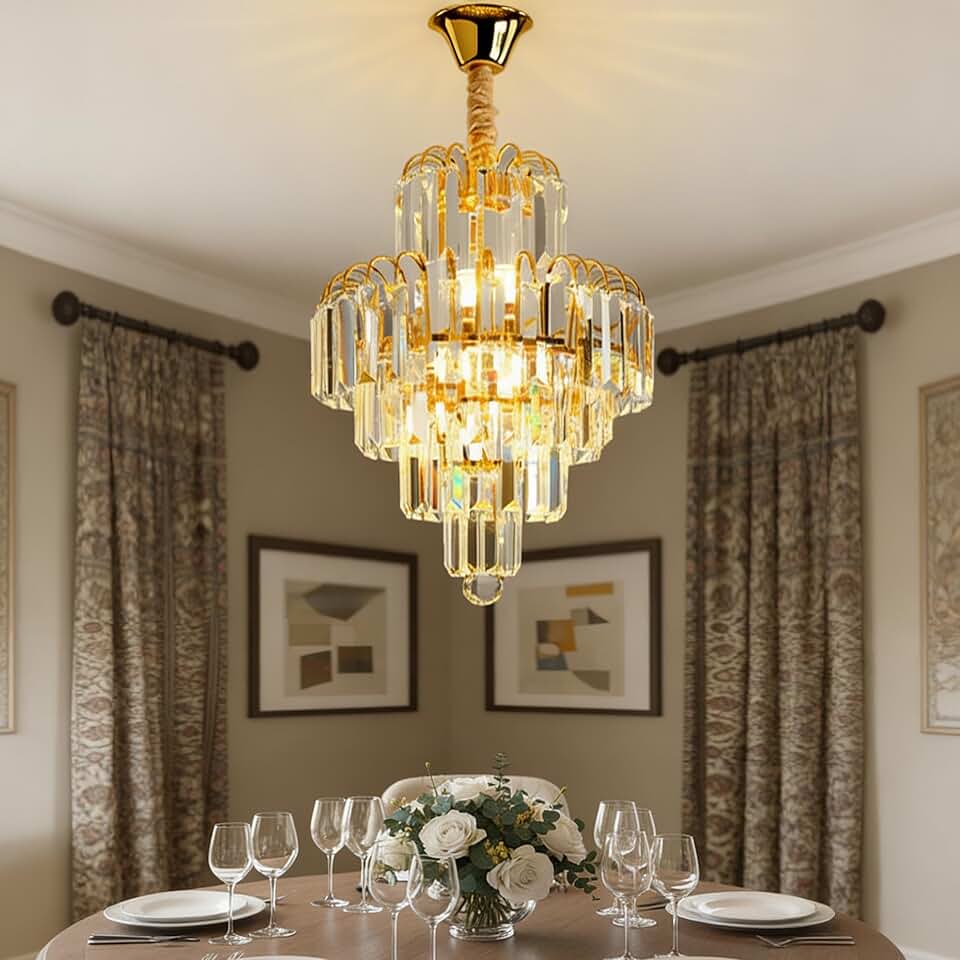 Lustre de Cristal Clássico LED - Luminária de Vidro para Sala com Iluminação Aconchegante, Lustre Romântico para Quarto e Sala de Jantar (30cm-5 camadas de cristal)