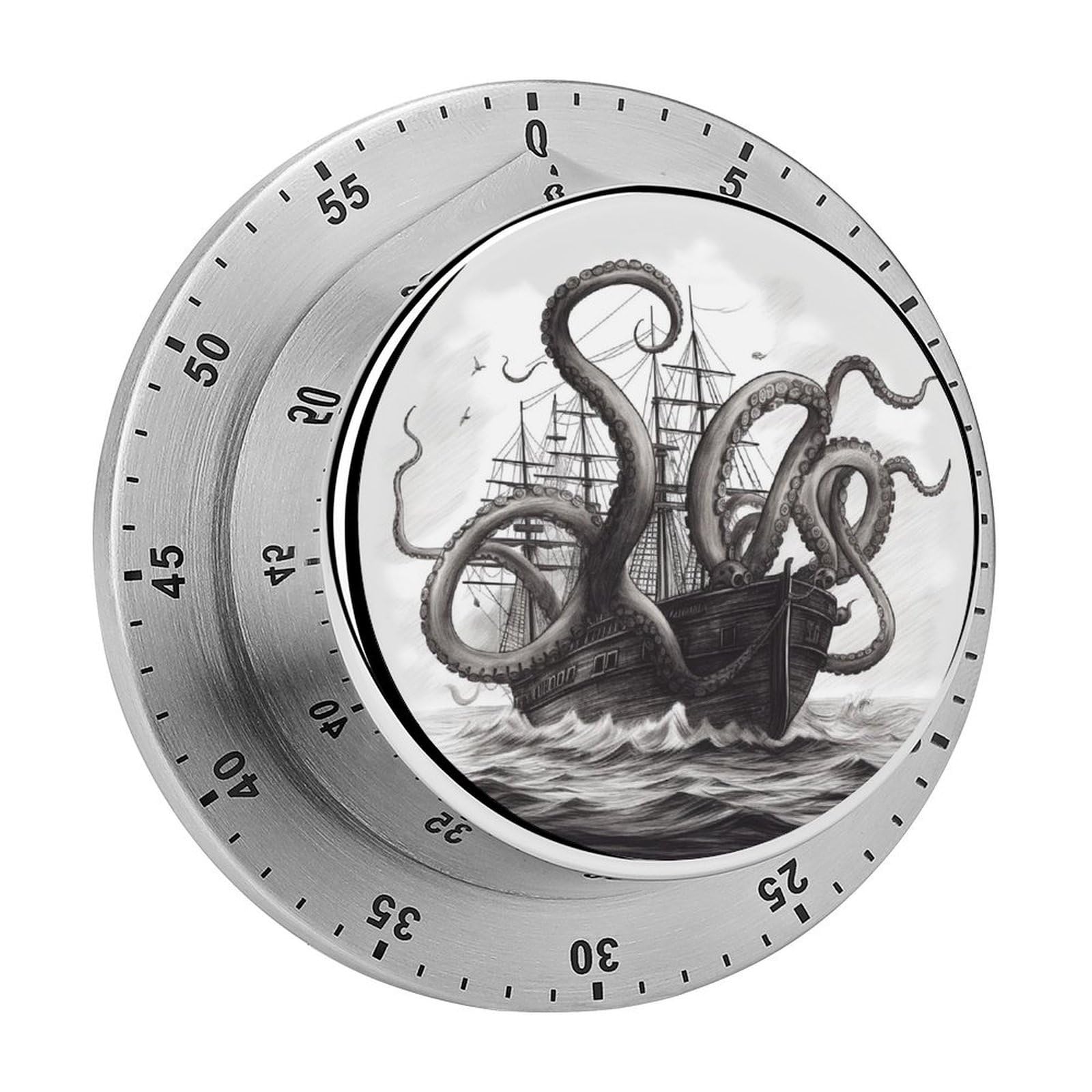 Black and White Octopus and Ship Kitchen Timer for Cooking,Chef Cooking Timer Clock with Loud Alarm Stainless Steel Countdown Timer No Batteries for Home Baking Cooking