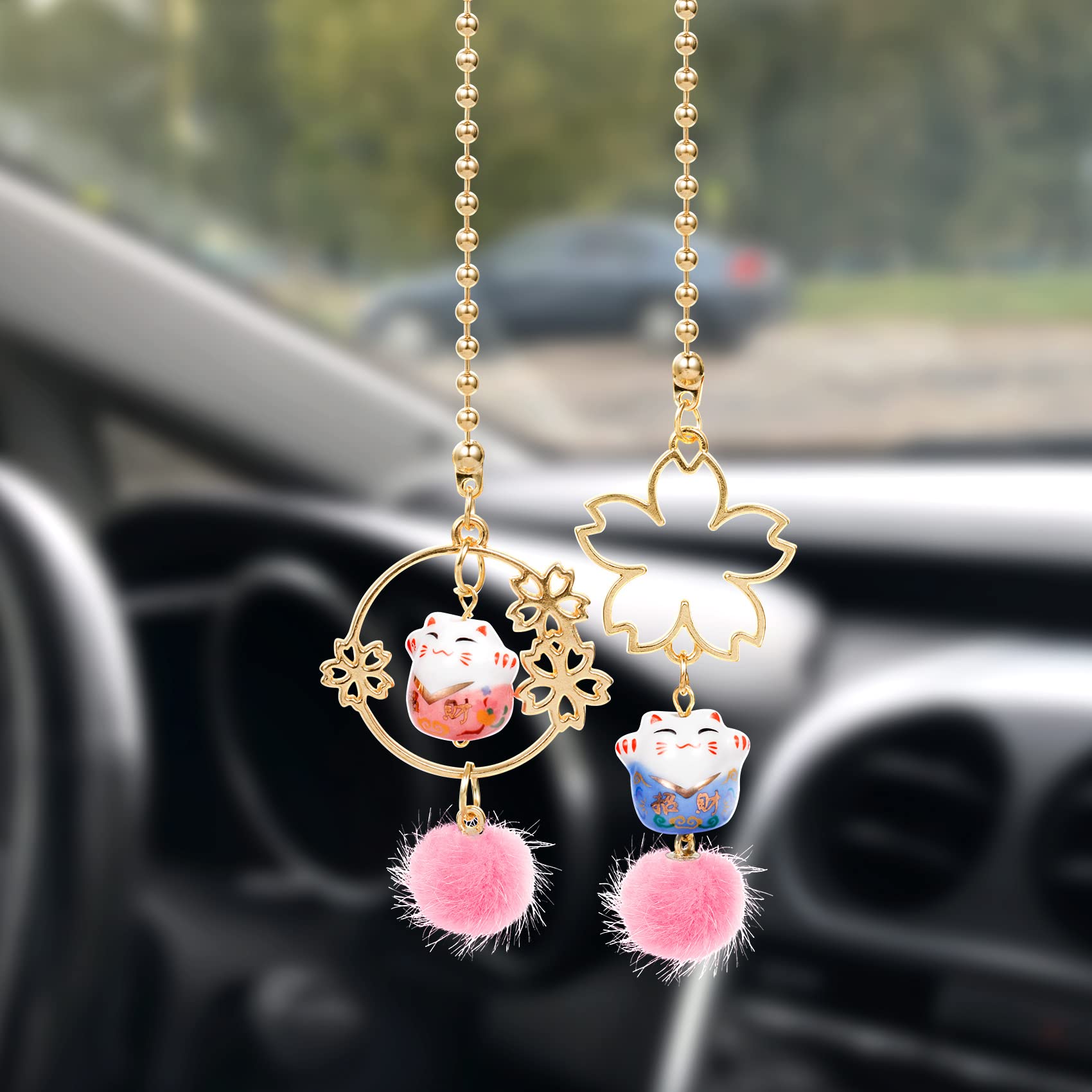OIIKIBling Car Accessories,Crystal Rhinestone Diamond Fortune Cat Hanging Charm, Car Interior Rear View Mirror Decor, Lucky Hanging Interior Ornament Pendant, for Women Girl