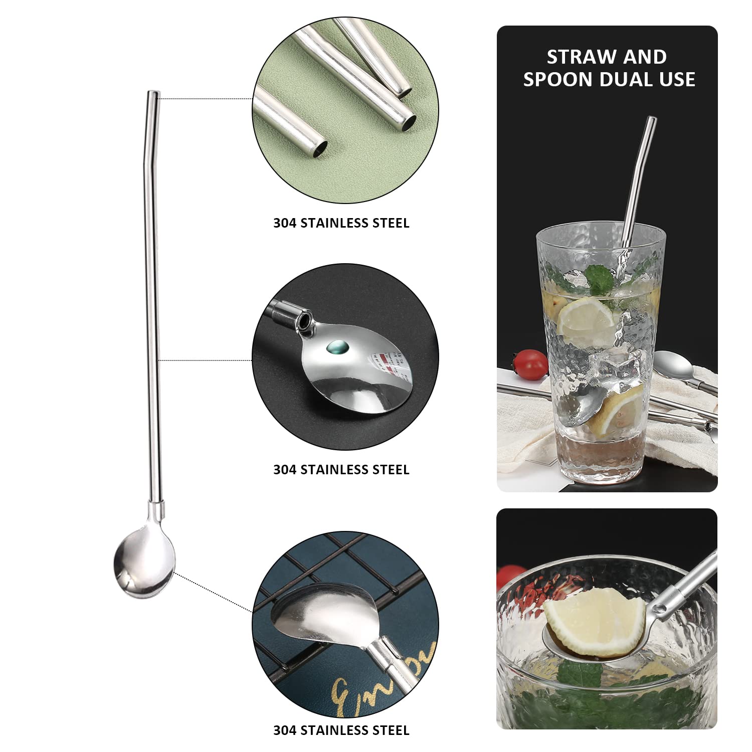 10 Stück Edelstahl Löffel-Strohhalme - Wiederverwendbar Mit Bürsten