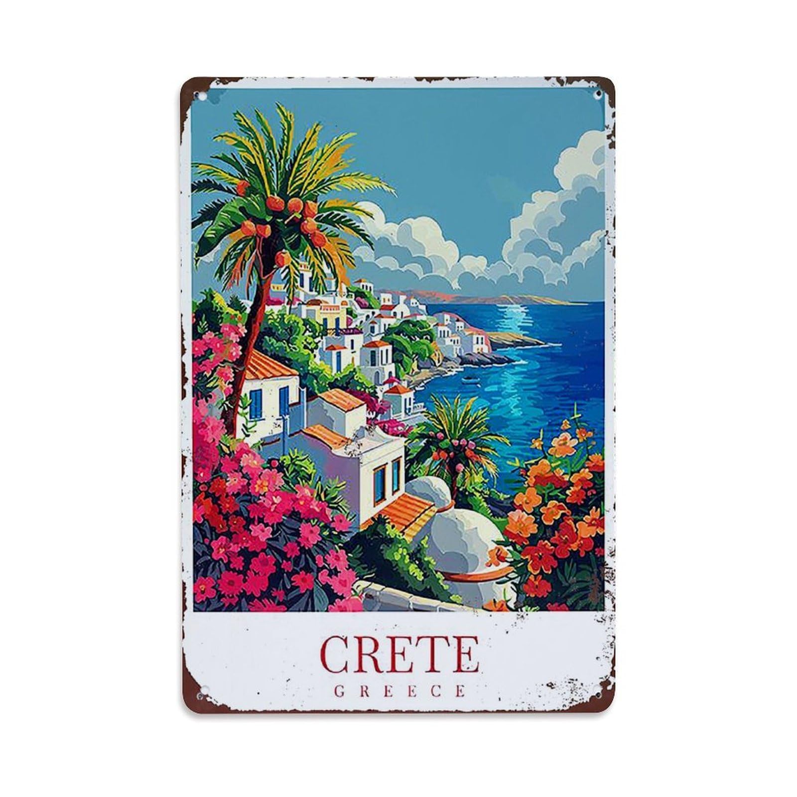 Jdfenggu Vintage Crete Greece Coastal Village Scene Retro Metal Tin Sign, Metal Poster For Bar, Home, Man Cave, Kitchen, Laundry Room Art Decor 8X12 Inch