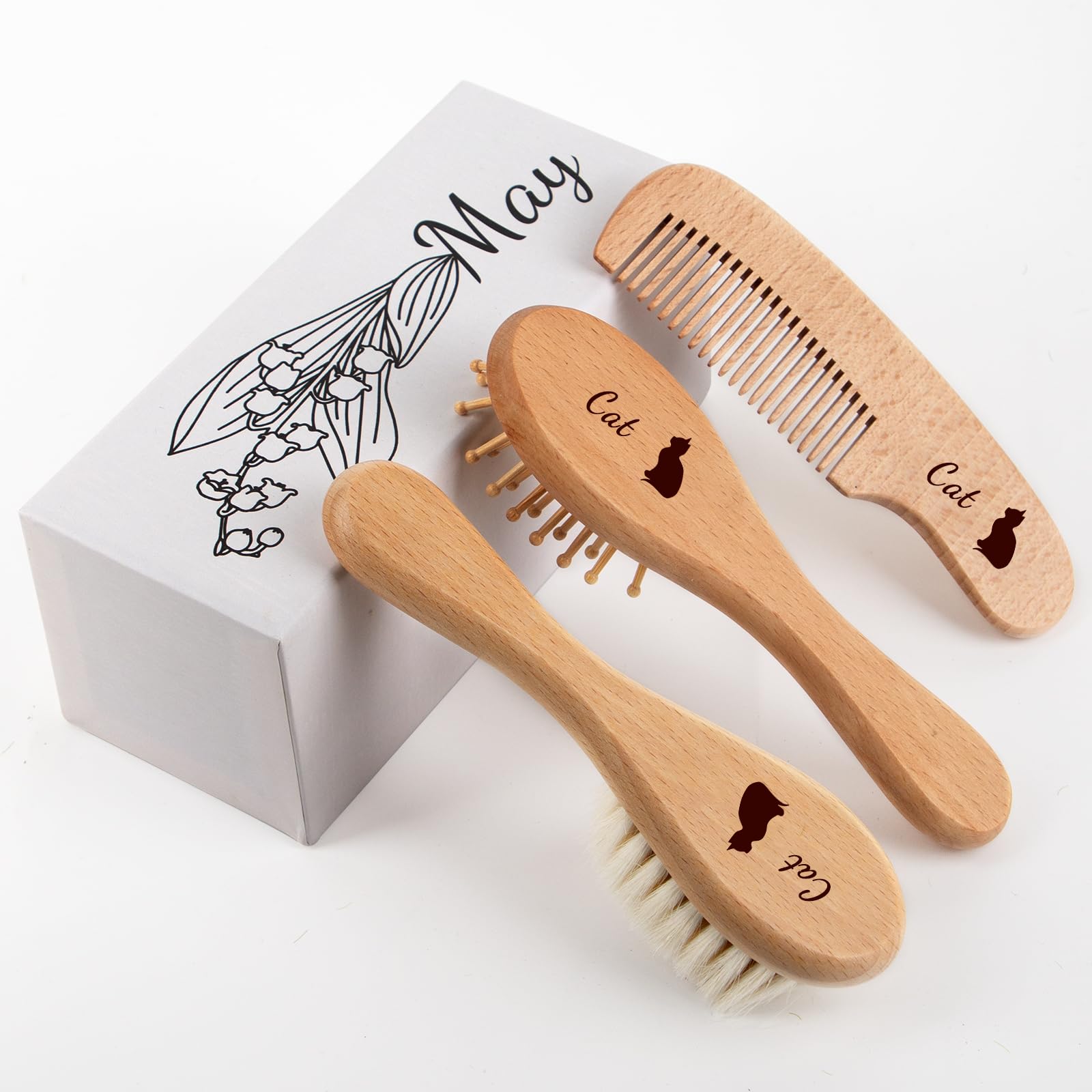 Personalized Baby Hair Brush & Comb Set with Soft Goat Bristles,Custom Laser Engraved Name,Newborn Grooming Kit with Birth Flower Gift Box (May)