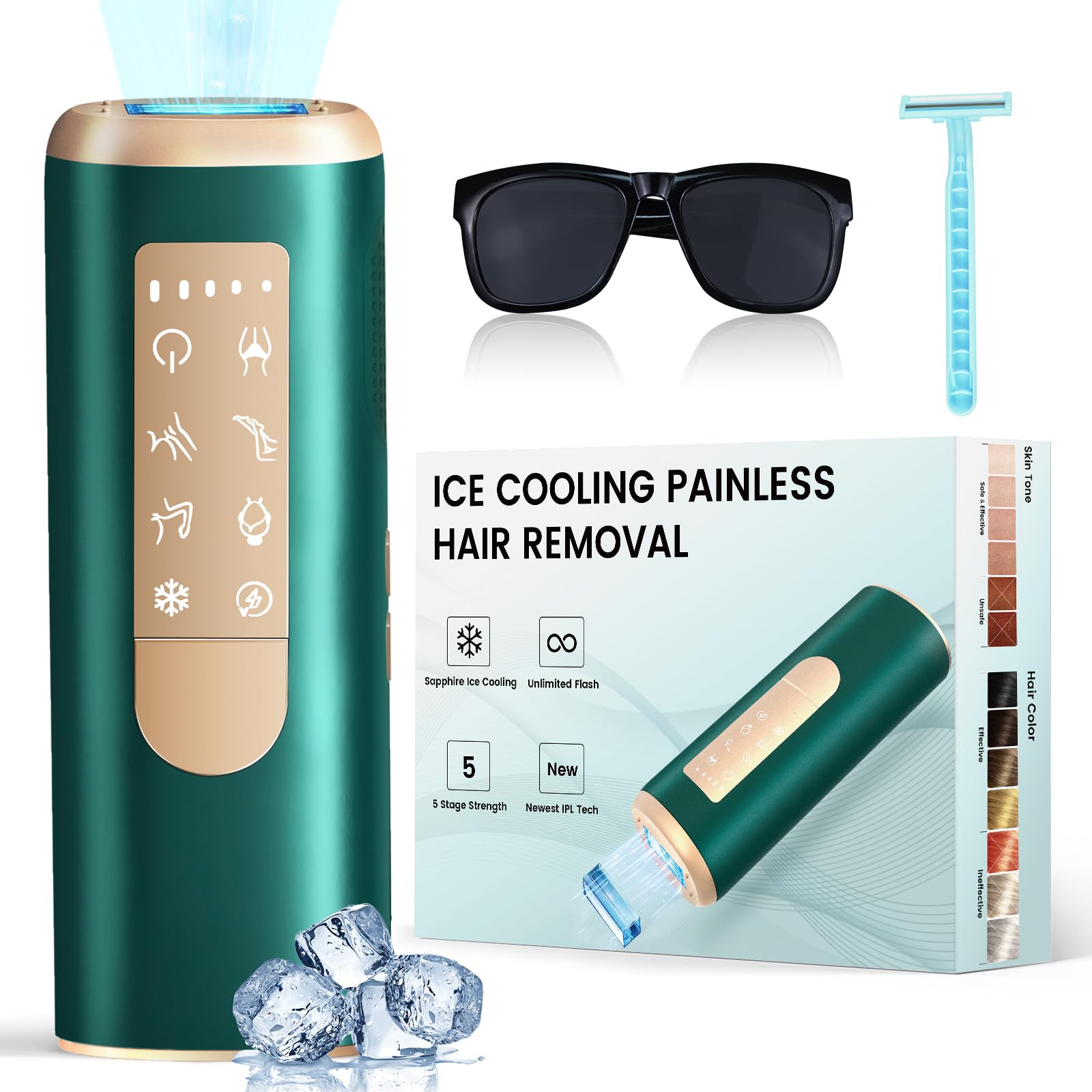 Laser Hair Removal with Sapphire Ice Cooling 40℉, 20J MAX Painless IPL Laser Hair Removal Device for Women & Men, Full Body & Facial Use, Green
