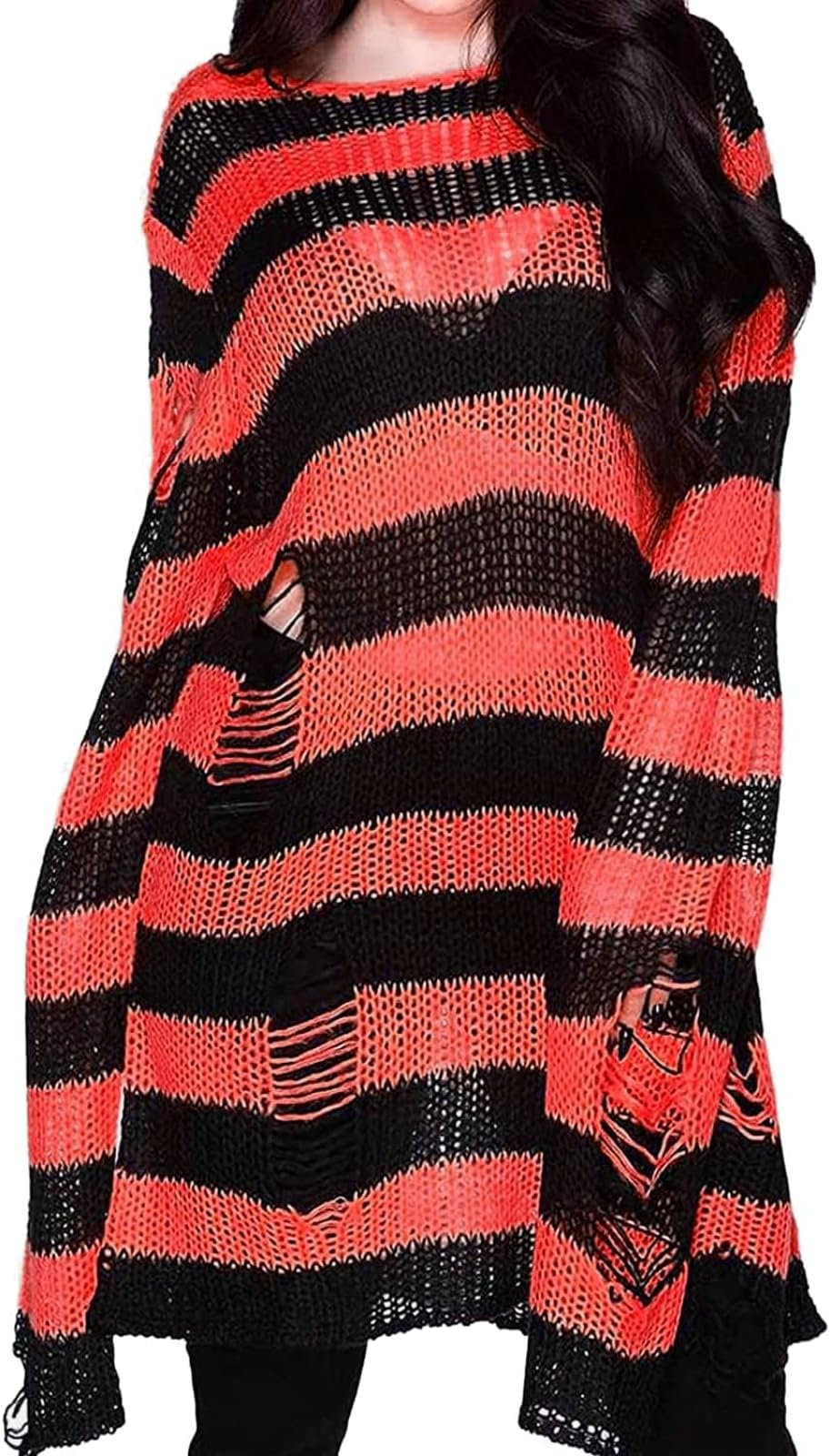 Llecdaseui Women's Black&Orange Gothic Striped Hole Ripped Long Sweater, Y2k Grunge Hollow Out Knit Jumper, Oversized Distressed Pullover Tops (One Size,)