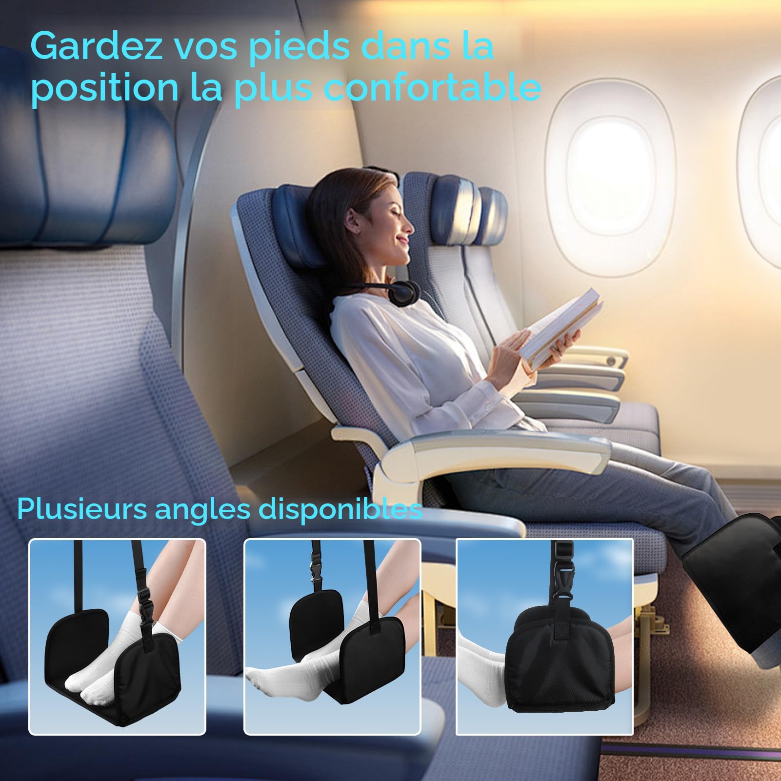 Repose-Pieds Avion Portable - TRAHOO - Pied Hamac Mousse À Mémoire - Noir - Tissu - Confortable