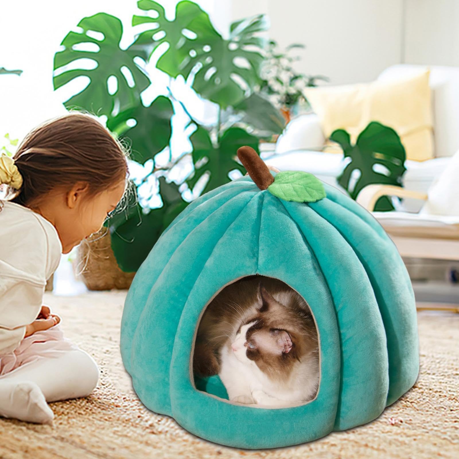 Panier pour Chat Maison Multifonction avec Designs Igloo et Canapé Niche Citrouille et Cachette Intérieure Coussin Détachable pour Chats et Petits Chiens(Blue,Medium)