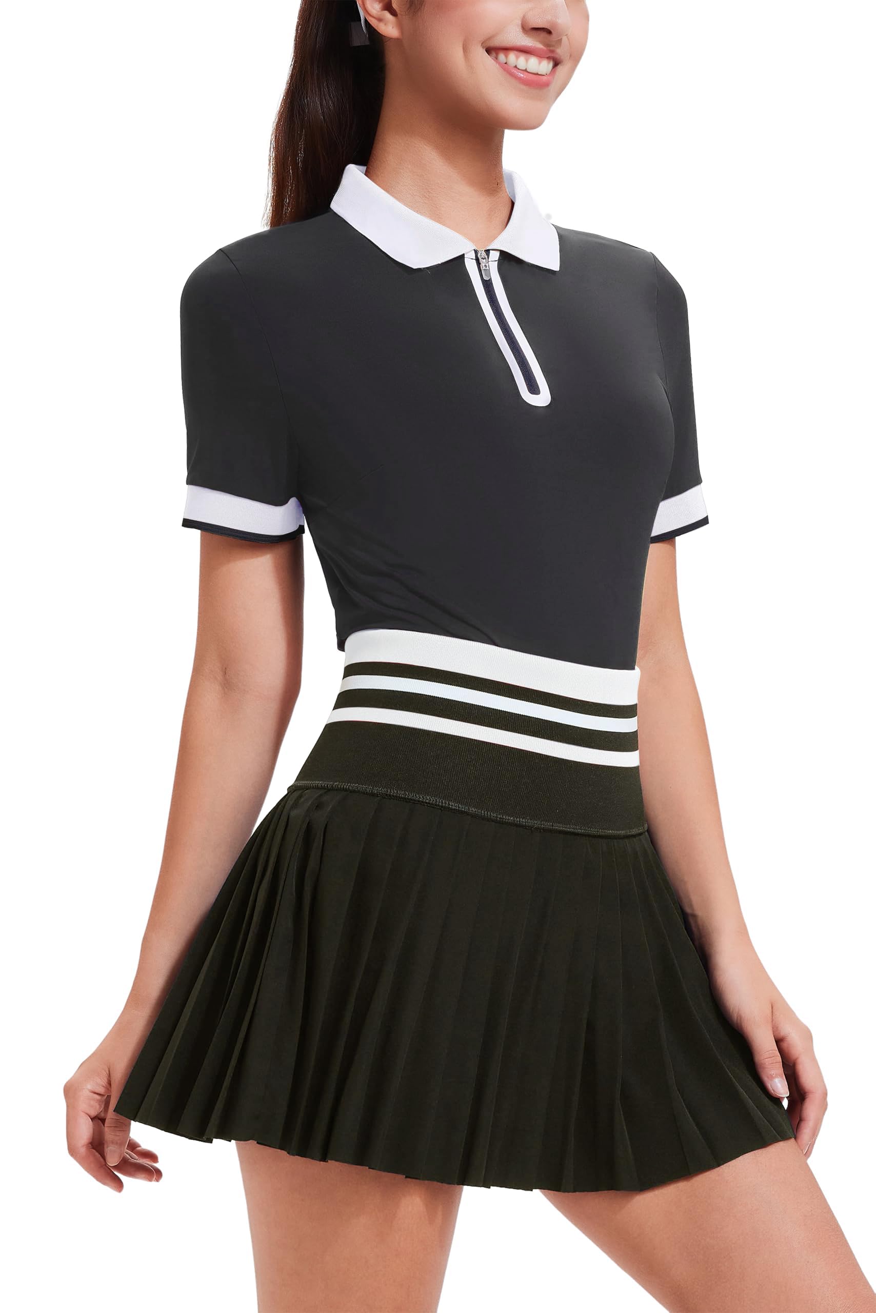 Tennis Skirt Sets for Women Zipper Color Block High Waisted Golf Polo Two Piece Skirt Set Women 2 Piece Outfits