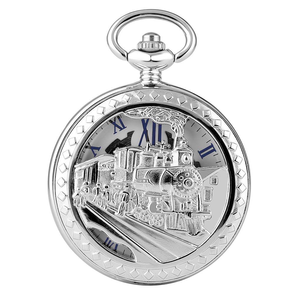YISUYA Steampunk Running Locomotive Train Carving Pocket Watch Mechanical Hand Wind Fob Watches Silver