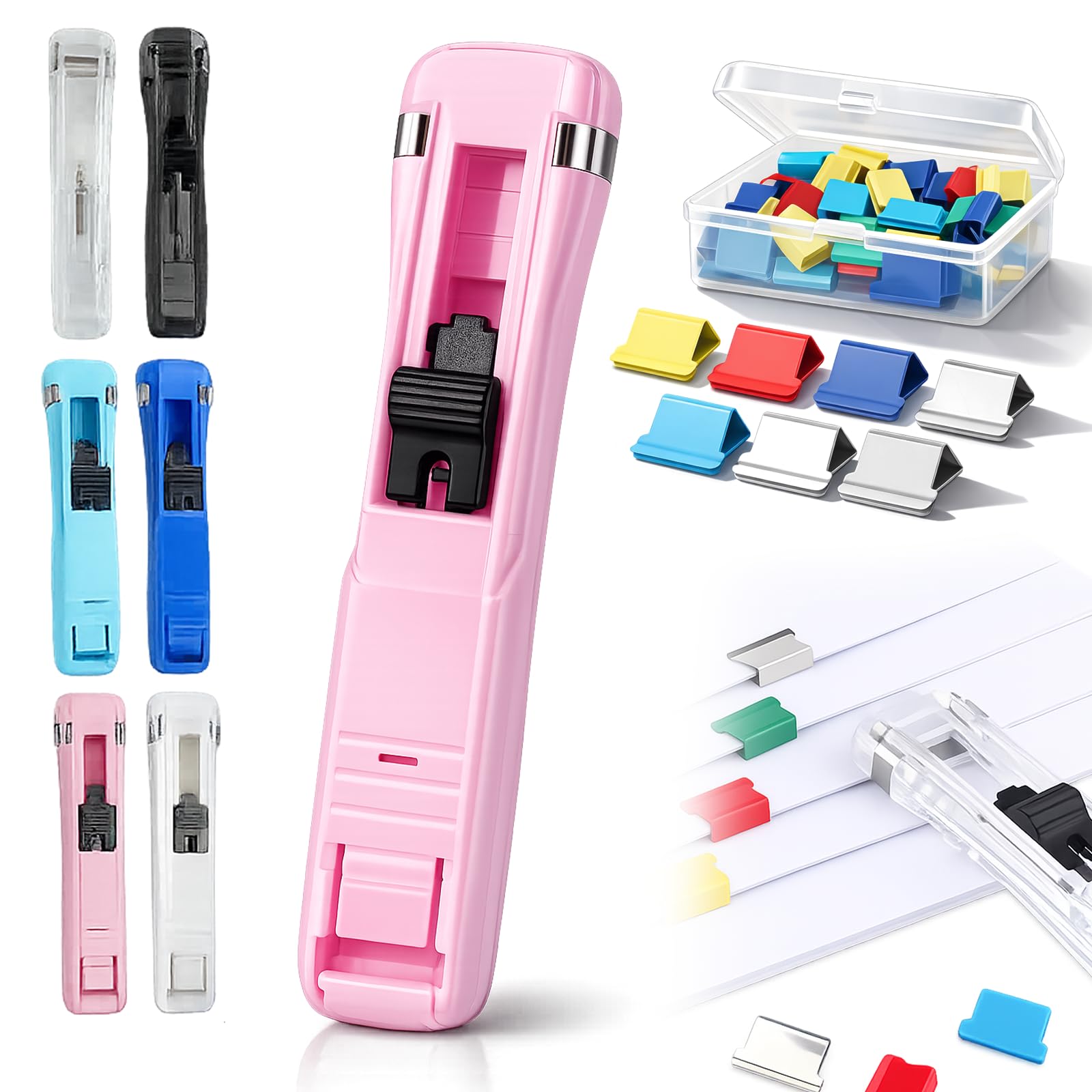 Portable Binder Clip Stapler-Includes 50 Reusable Clips, Staple Free Stapler Dispenser, Handheld Paper Clam Push Fastener, Desktop Staplers for Home Office Desk Document Supplies (Pink)