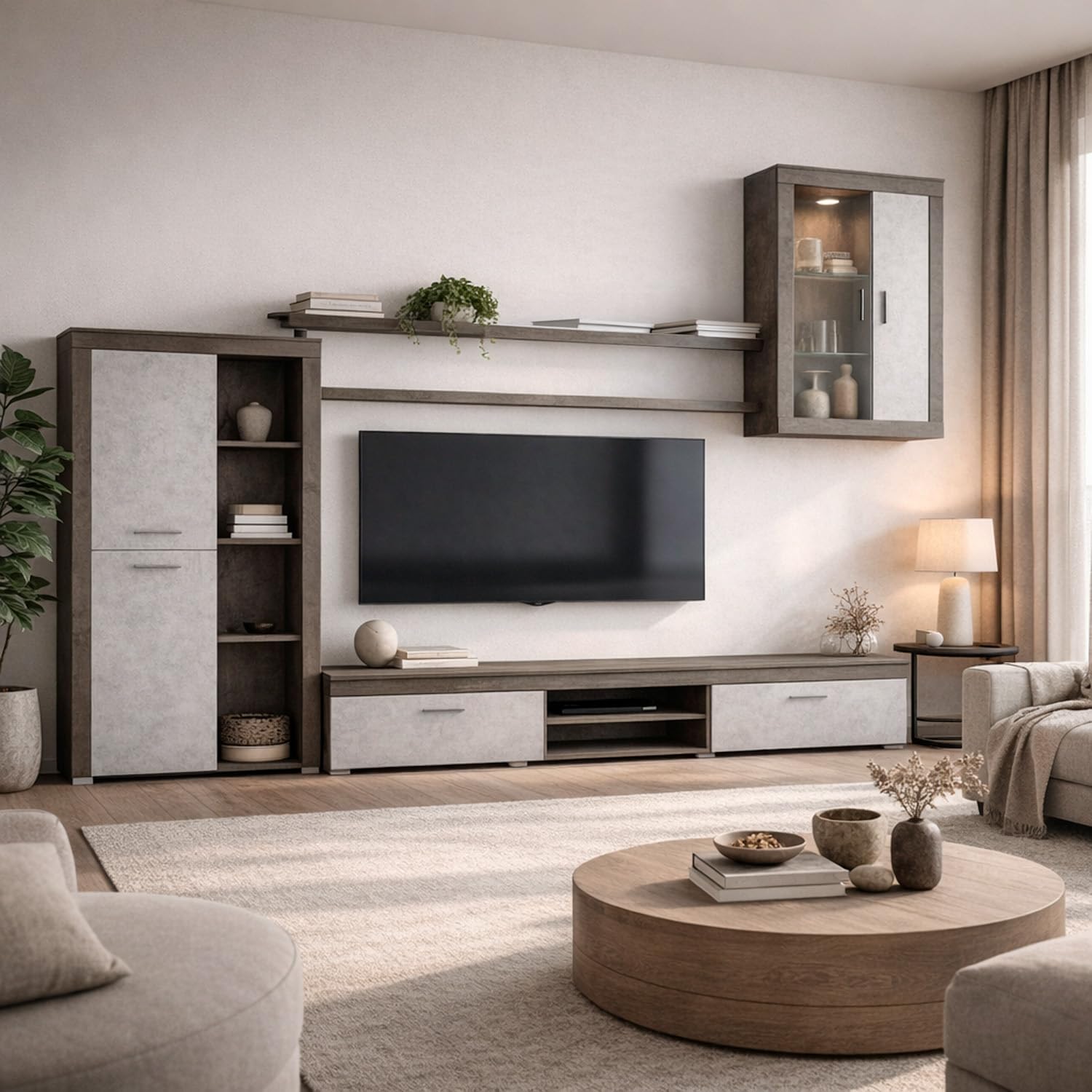 Arreditaly Parete Attrezzata Da Soggiorno Salotto Moderna Con Ante Mensole Vani A Giorno Vetrinetta Mobile TV Design Moderno Moduli Sospesi 293 x 193 x 50 Cm (Ossido e Grigio Cemento)