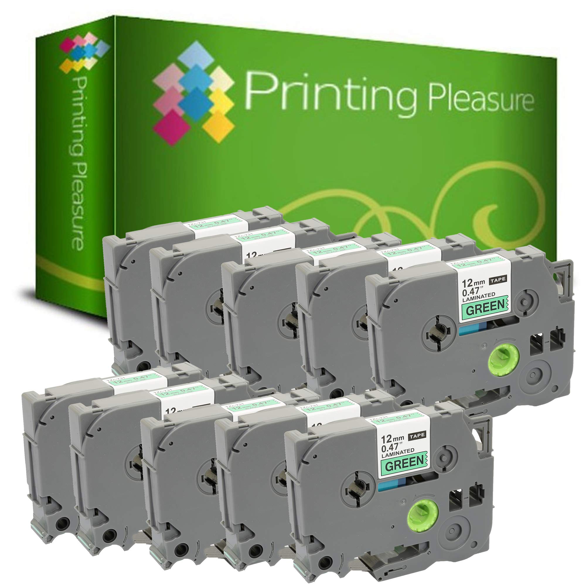 Printing Pleasure 10 x TZe-731 TZ-731 Black on Green Label Tapes Compatible with P-Touch Label Printing Machines | 12mm x 8m