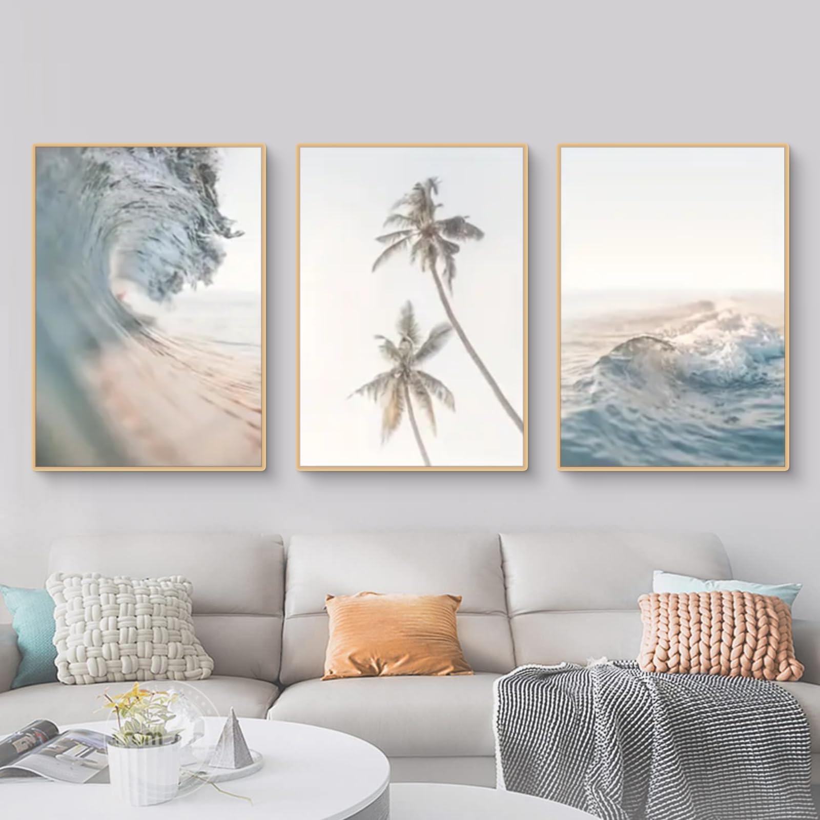 Amosijoy 21X30cm Modern Beach Wall Art Set Of 3, Coastal Ocean Canvas Prints, Frameless Wave Wall Decor For Living Room Bedroom Office, Relaxing Seascape Artwork (21X30cm)