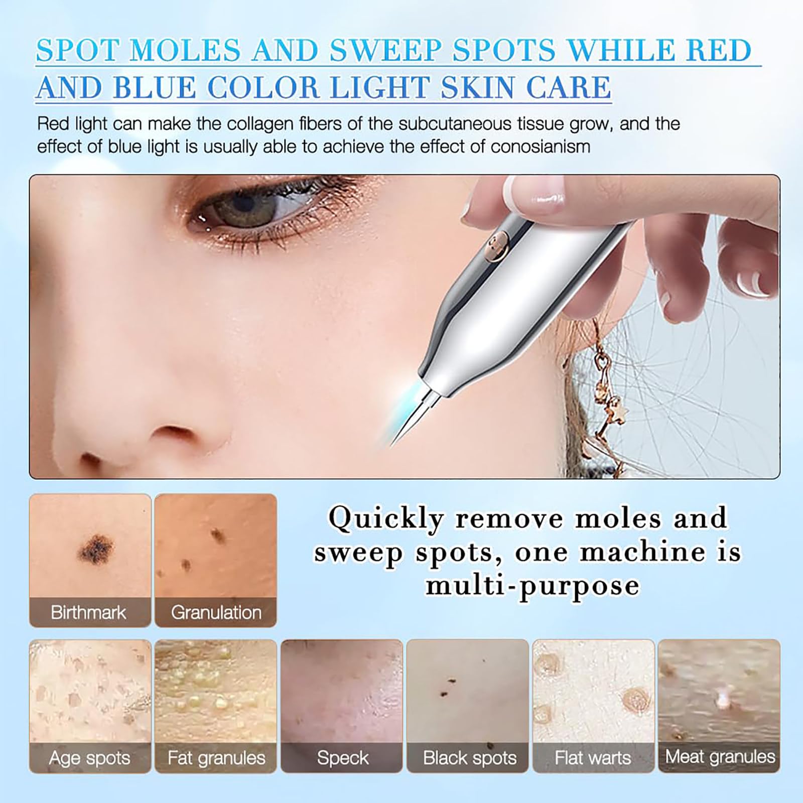 BolíGrafo Profesional para Eliminar Lunares, BolíGrafo De Plasma, con Luz Roja Y Azul para El Cuidado De La Piel, 9 Niveles De Ajuste, Se Utiliza para Eliminar Pecas, Lunares, Verrugas