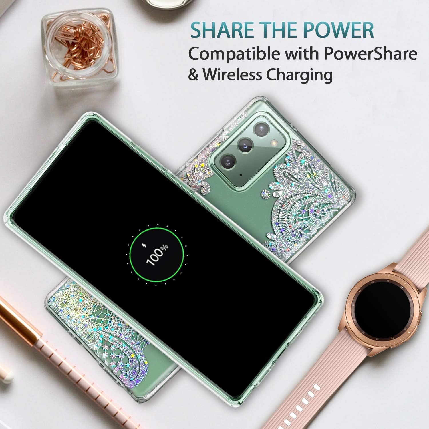 Coolwee Clear Glitter for Samsung Note 20 Case Slim Flower Slim Cute Crystal Lace Bling Women Girls Floral Plastic Hard Back Soft TPU Bumper Protective Cover for Samsung Galaxy Note 20 Mandala Henna