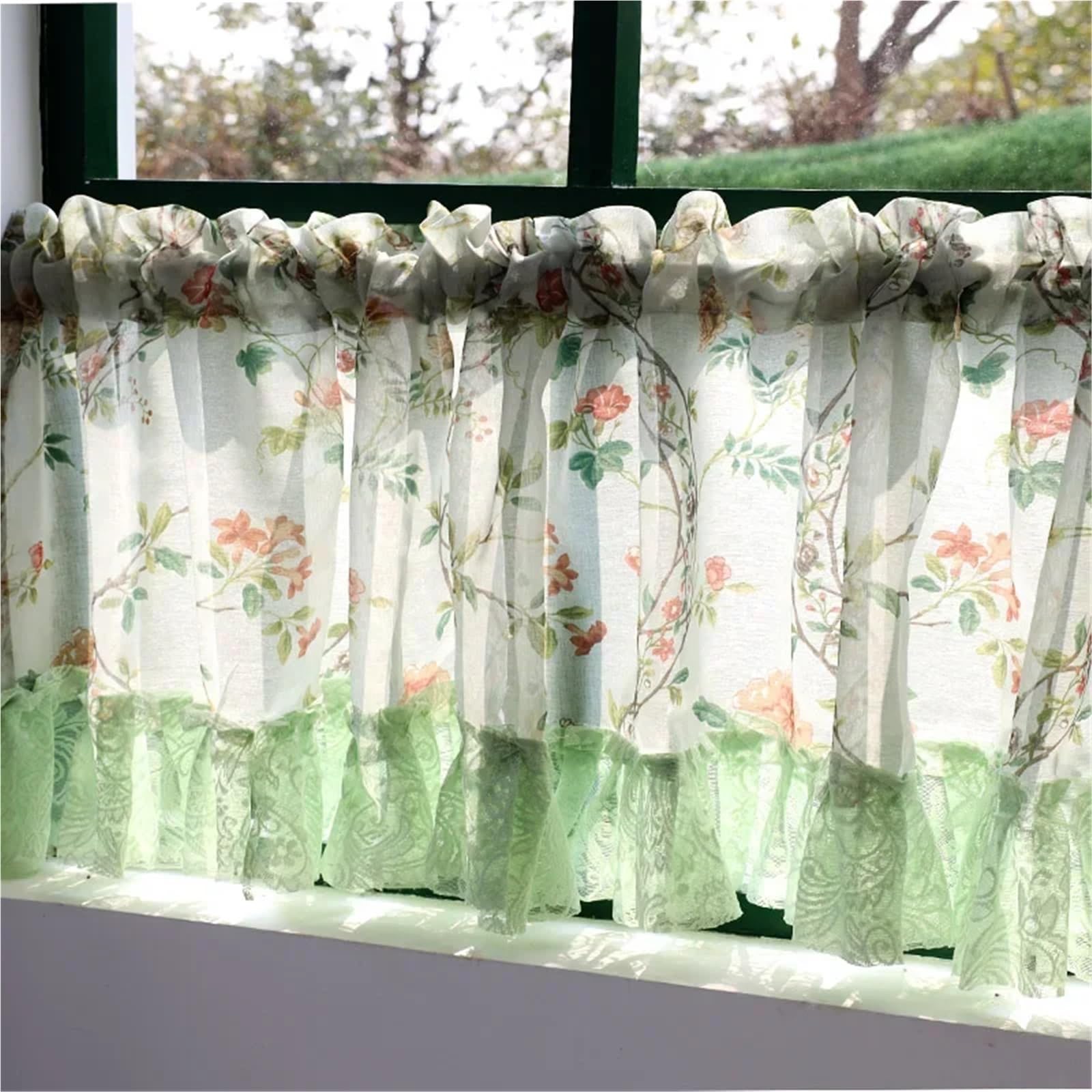 Ländliche Tüll-Halbgardinen mit Blumenmuster for die Küche, Vintage, hellgrüne Blumen, Spitze, kurz für Kleine Fenster(1PC W150XH40CM)