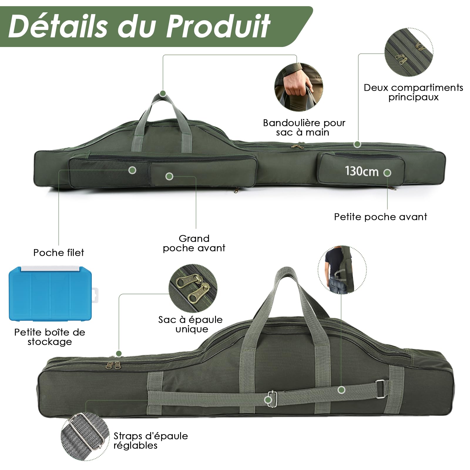 Sac de pêche pour Cannes avec boîte de Rangement, 80 cm/100 cm/130 cm/150 cm, Housse de Transport 3 Compartiments avec bandoulière, Pliable et imperméable, pour pêche en extérieur