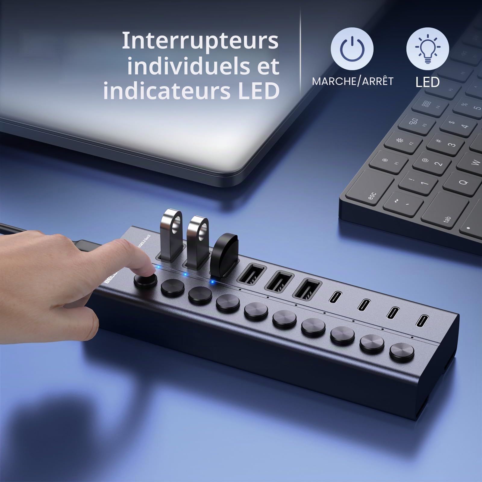 Hub USB avec bloc d'alimentation, 10 ports USB 3.2 Gen 2 10 Gbit/s, entièrement en aluminium avec alimentation 60 W (12 V 5 A), 6 ports USB-A et 4 ports USB-C, prend en charge la charge