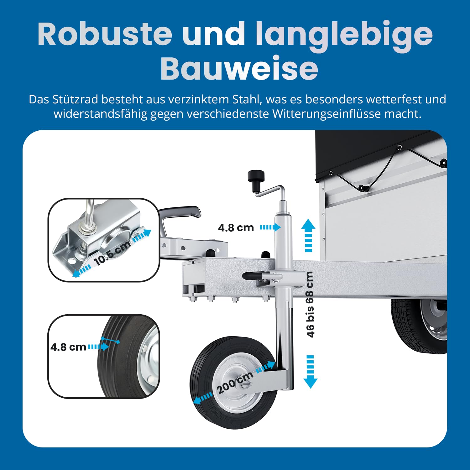 AUTOLIGHT 24 2X Anhängerstützen, 2X Unterlegkeile mit Halterung & höhenverstellbares Stützrad – Verzinkter Stahl, bis 750 kg, inkl. Zubehör Komplettset für Anhänger