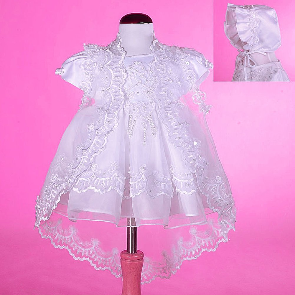 Dressy Daisy Baby Girls' Beaded Scalloped Embroideries Baptism Christening Gown Dress With Cape And Bonnet Infant Size 6-9 Months White
