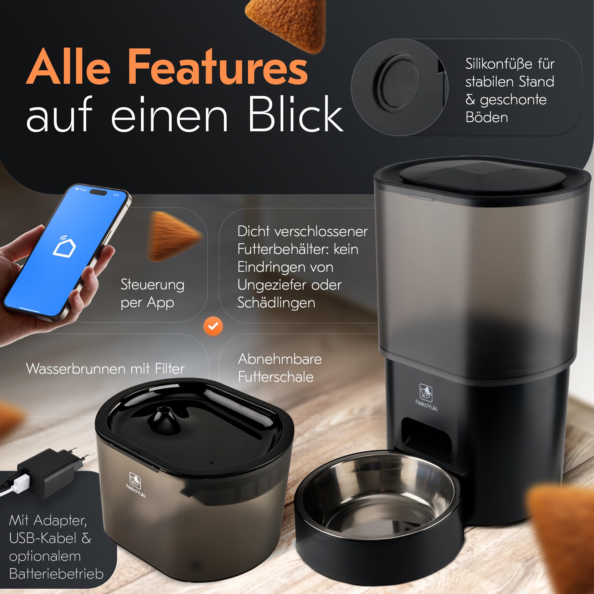 Futterautomat & Katzenbrunnen 2-in-1 | App-gesteuert, 3L Trinkbrunnen, automatischer Futterspender für Katzen | leise, hygienisch, mit Batterie-Notbetrieb