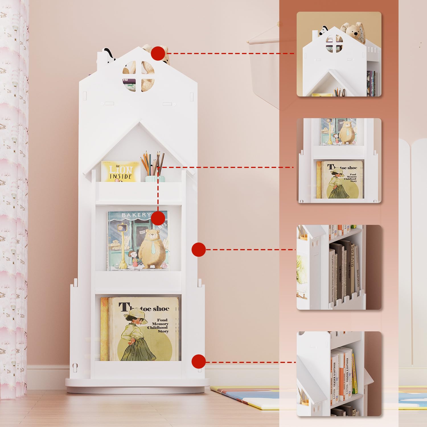Nisorpa Bibliothèque rotative pour enfants en forme de maison, bibliothèque blanche pour enfants sur pied, bibliothèque château pour enfants