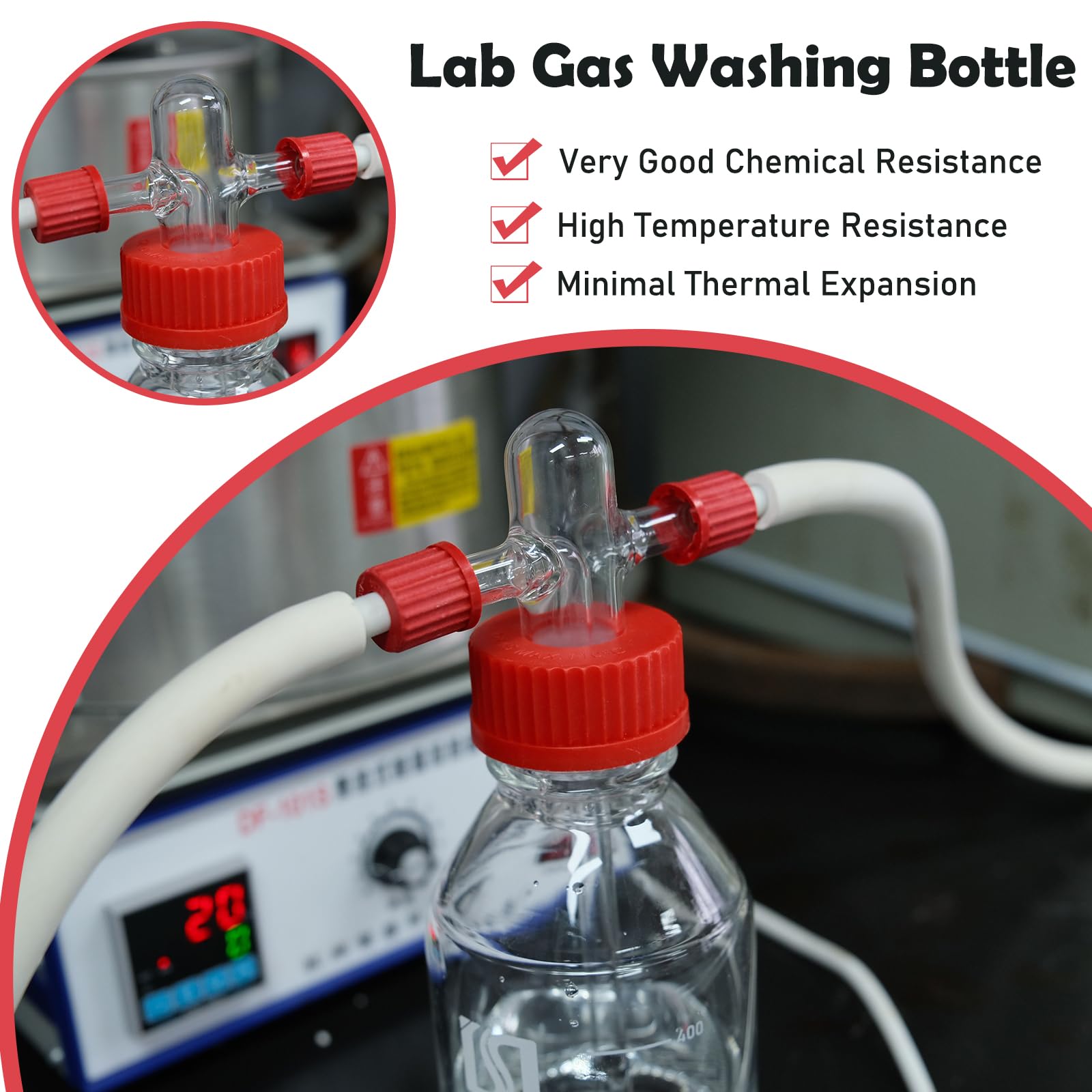 ALWSCI 250 mL Gaswaschflasche Gas Washing Bottle, Borosilikatglas-Laborgaswaschflasche mit GL45 Polypropylen rot Schraubverschluss-System, 1set