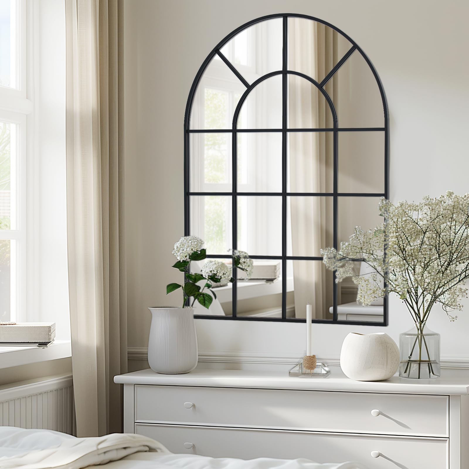 Espejo de ventana curvado 75 x 100 cm, marco de aluminio negro, cristal de ventana, espejo de pared para interior, salón, pasillo, entrada, exterior, decoración de jardín