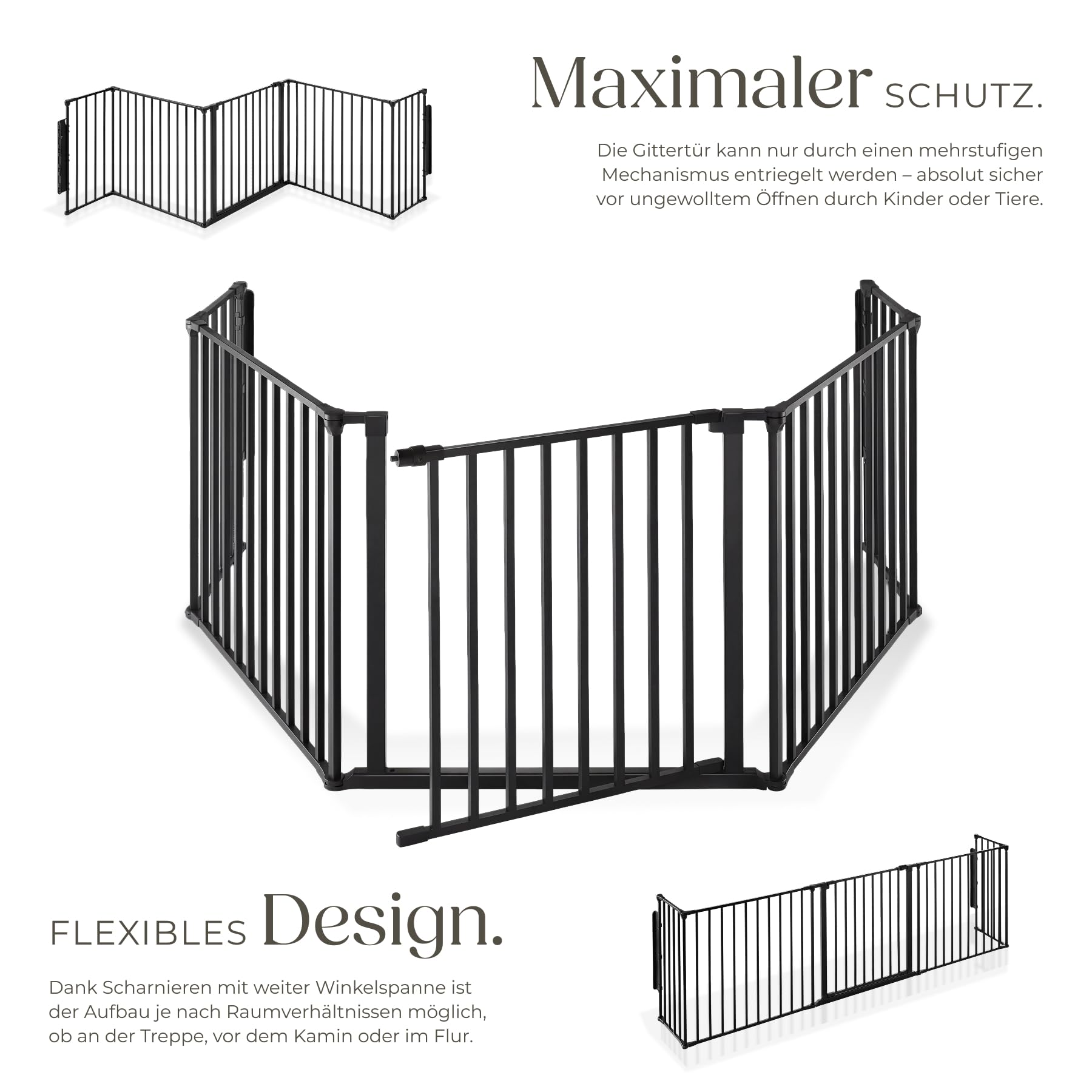 tectake® Kaminschutzgitter mit Tür 290 cm Metall Schutzgitter Ofenschutzgitter Absperrgitter faltbar Tierschutzgitter Türschutzgitter 5 Elemente Laufstall Kinderschutz Tür mit Sicherung - schwarz