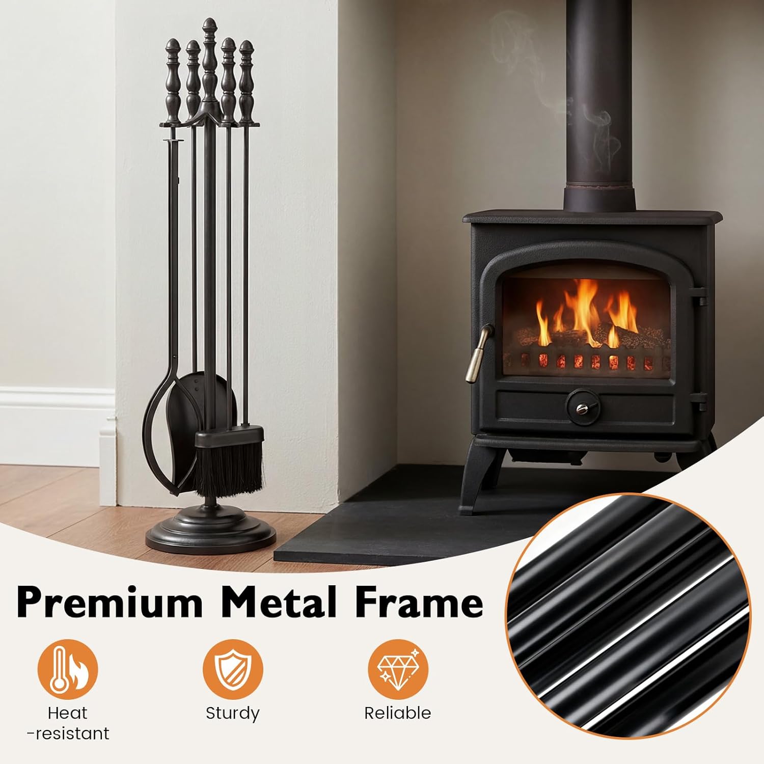 Tangkula 5-Pieces Fireplace Tool Set, 4-in-1 Indoor Outdoor Fire Place Set Tools with Poker, Tongs, Brush, Shovel and Round Stand, Metal Firepit Tool Set with Aluminum Handles, Black