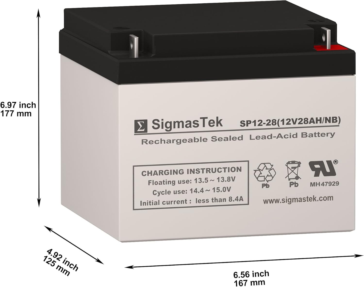 SigmasTek SP12-28 NB - 12V 26AH NB SLA Battery - Replaces: Power Sonic PS-12280, Panasonic LC-XC1228AP, LC-X1228AP, LC-X1228P, LCL12V24P, LCL12V20P, Yuasa NPX-100R, NPX-100B, NP26-12R, NP26-12B