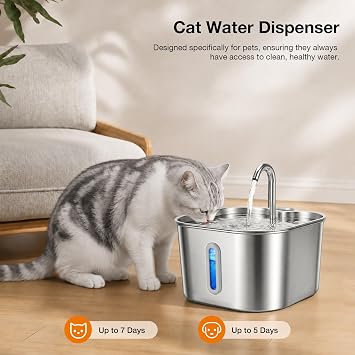 Cat Water Fountain for Drinking, VinDox 74oz/2.2L Stainless Steel Pet Water Fountain Quiet, Triple-Filter Kitten Drinking Fountains for Cats with 2 Filters + 2 Sponges