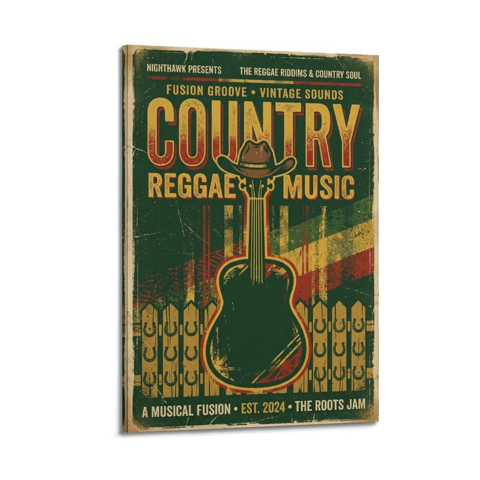 OKNGB Poster decorativo da parete su tela, motivo country reggae, cappello da cowboy e chitarra, stampa artistica su tela, poster decorativo moderno, per camera da letto, 60 x 90 cm