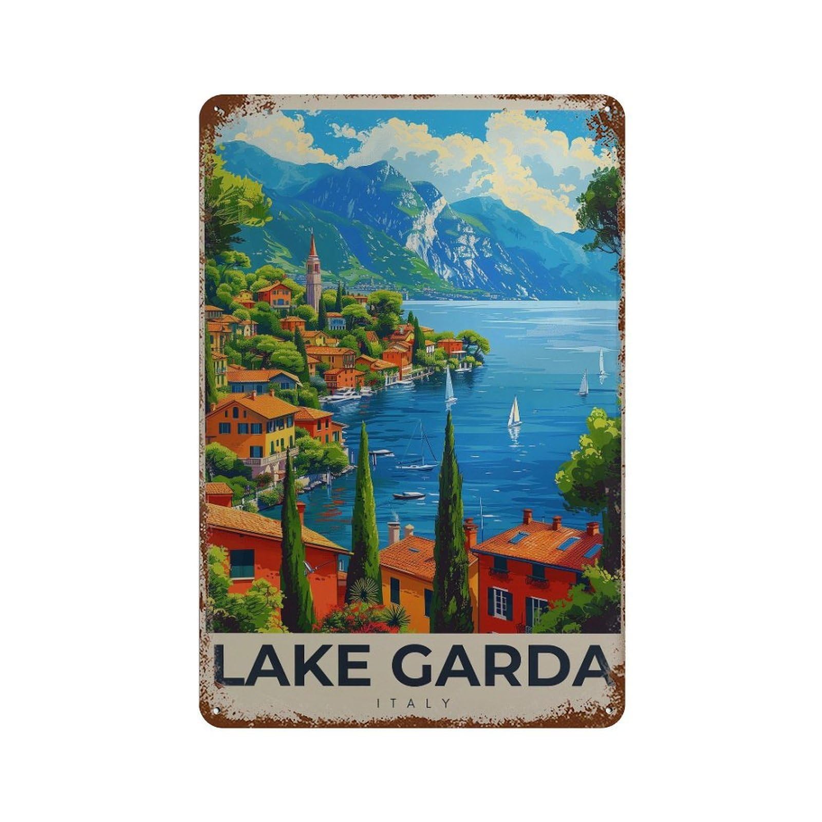 xiaoxiaoshen Lake Garda Italy Travel Illustrated Cityscape Wall Decor Art Metal Tin Poster Modern Home Decor Art Home Bar Shop Decorations Vintage Sign 30x20cm