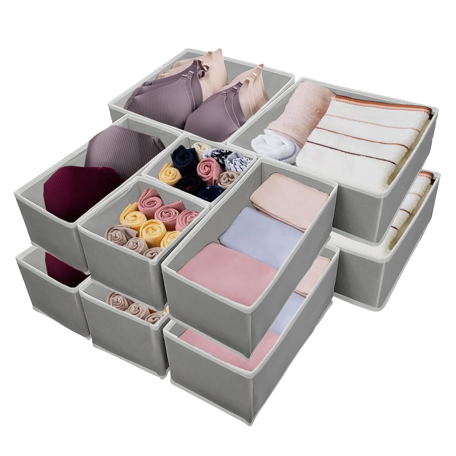 Braozaiw Organizzatore del cassetto, set divisorio di stoccaggio, organizzatore pieghevole del tessuto per abbigliamento, biancheria intima, calze, organizzatore di abbigliamento (Grigio chiaro)