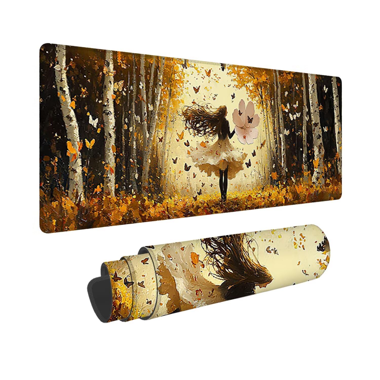 Podkładka pod mysz do gier XXL duża mysz 1200 x 500 mm, duża podkładka pod biurko z antypoślizgową gumową podstawą dla graczy, poprawia precyzję i szybkość (leśna dziewczyna) C-687