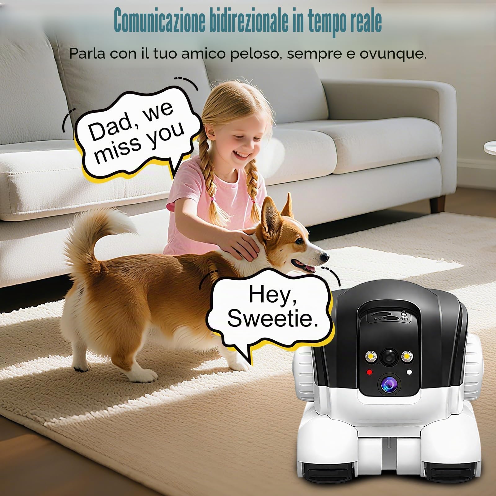 Robot de Caméra, 1080P Doppia Fotocamera Robotica, Fotocamera Mobile WiFi per Animali Domestici con Crociera Automatica, Audio Bidirezionale e Visione Notturna per Animali da Compagnia