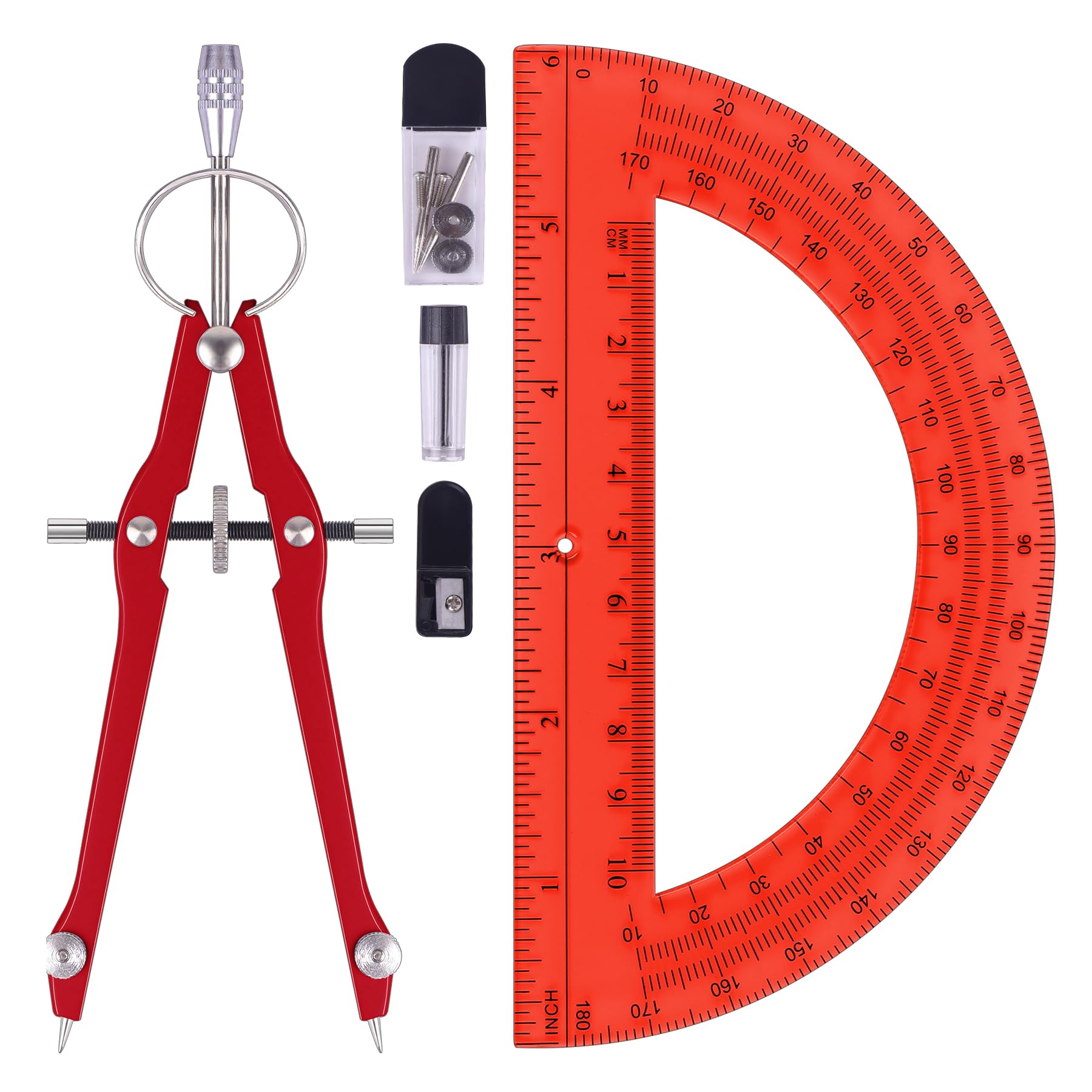 Unjoo Compass and Protractor Set, Math Compass for Geometry (Red)