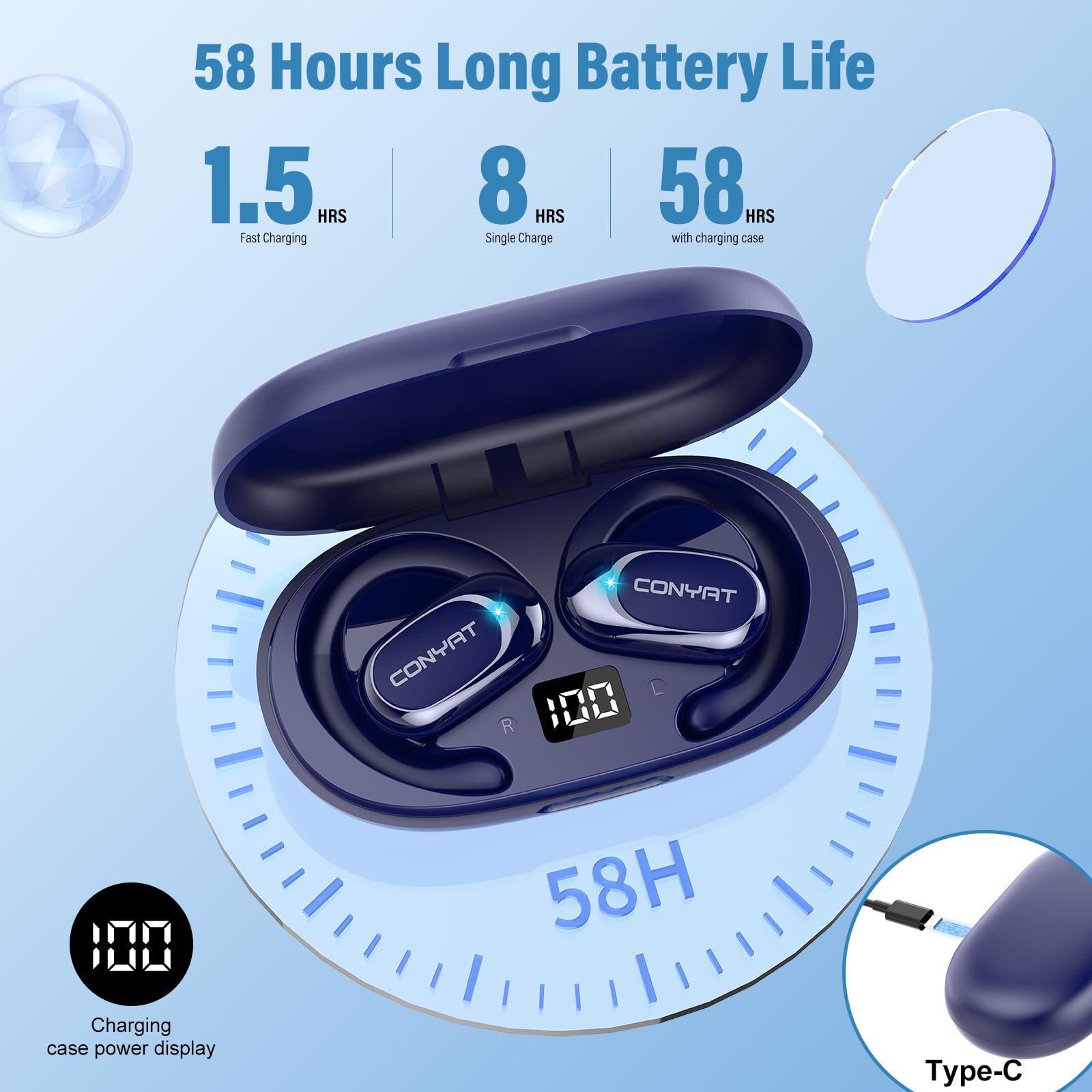 AI Ecouteur Traducteur Instantané Bluetooth 5.4 58H Open Ear 7 Modes de Traduction Bleu