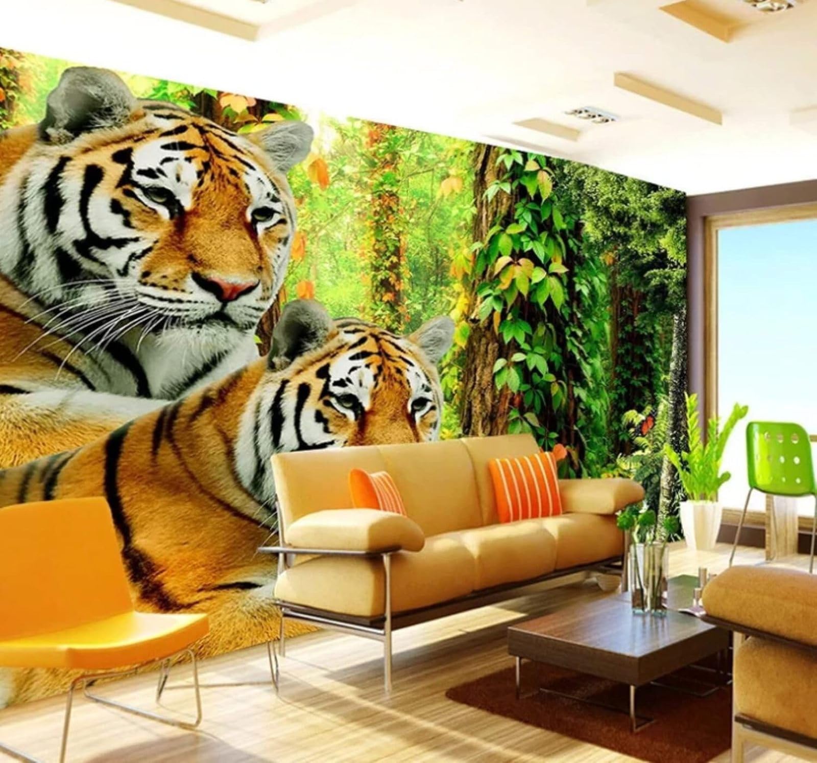 XLMING Fresh Three Dimensional Green Forest Tiger 3D Wallpaper Luxury Home Dining Decor Paste Sofa Living Room The Wall for Bedroom Mural-400cm×280cm
