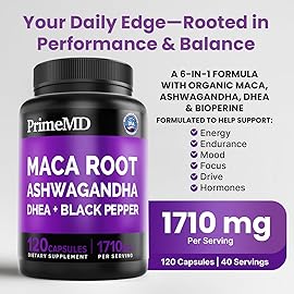6-in-1 Organic Maca Root Ashwagandha Capsules 1710mg with DHEA and Black Pepper Fruit Extract for Women and Men - Black Maca Supplement for Stamina, Bone and Mood Support Supplement, 120ct (Pack of 2)