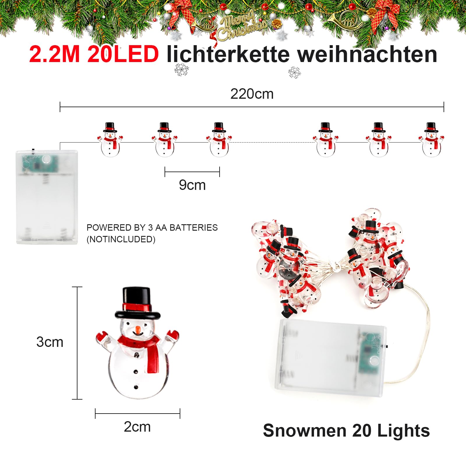 Led-lichtsnoer voor binnen, 2,2 m, 20 leds, sneeuwpop, batterij, kerstverlichting met timer, voor feest, Kerstmis, balkon Led-lichtsnoer voor binnen, 2,2 m, 20 leds, sneeuwpop, batterij, kerstverlichting met timer, voor feest, Kerstmis, balkon