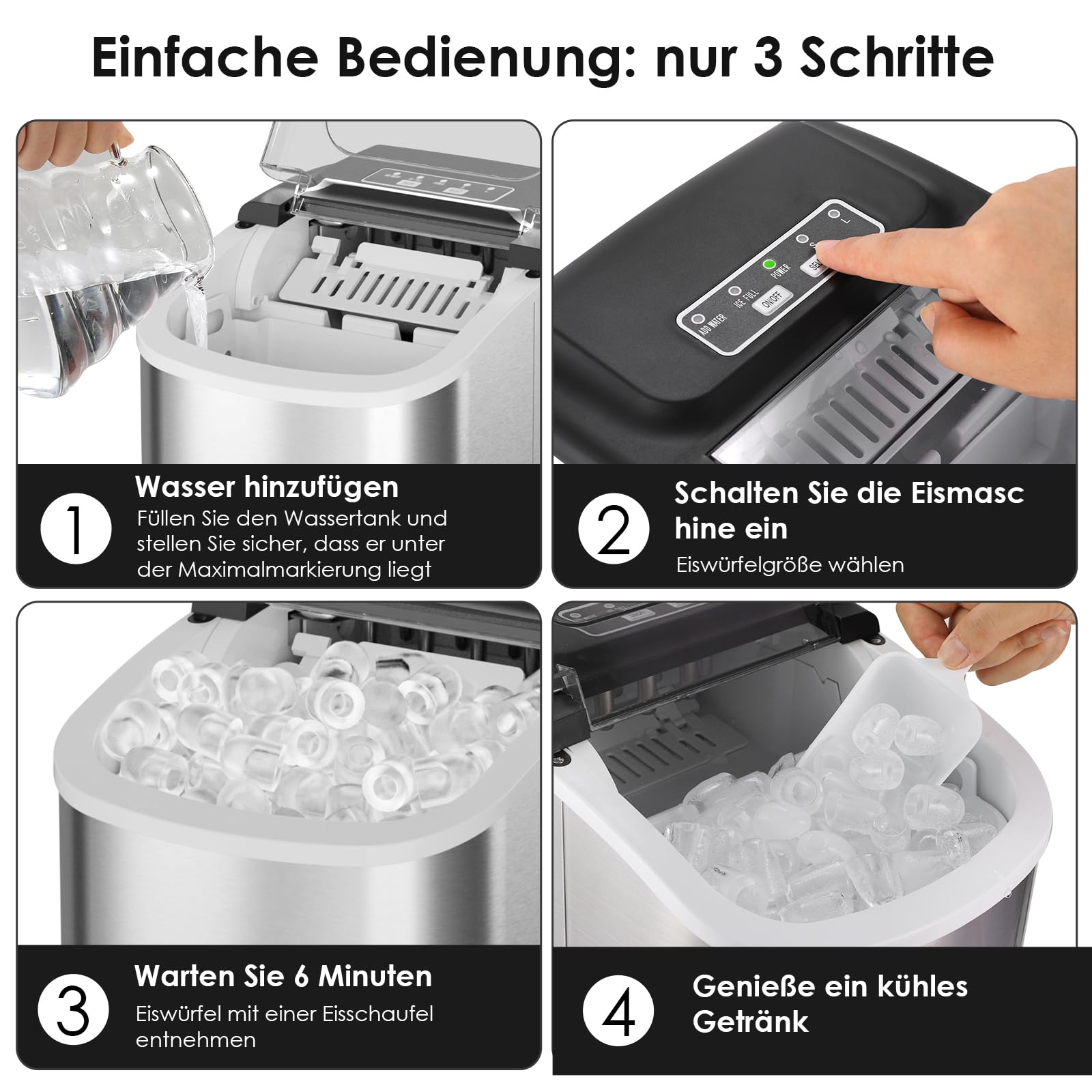 Machine a Glacons,12kg en 24h,9PCS Glaçons en 6-12 Minutes, 2 Tailles de Glaçons, Machine à Glaçons Silencieuse avec Poignée Portable, Capteur Infrarouge et Autonettoyante pour la Maison/Fête/Camping