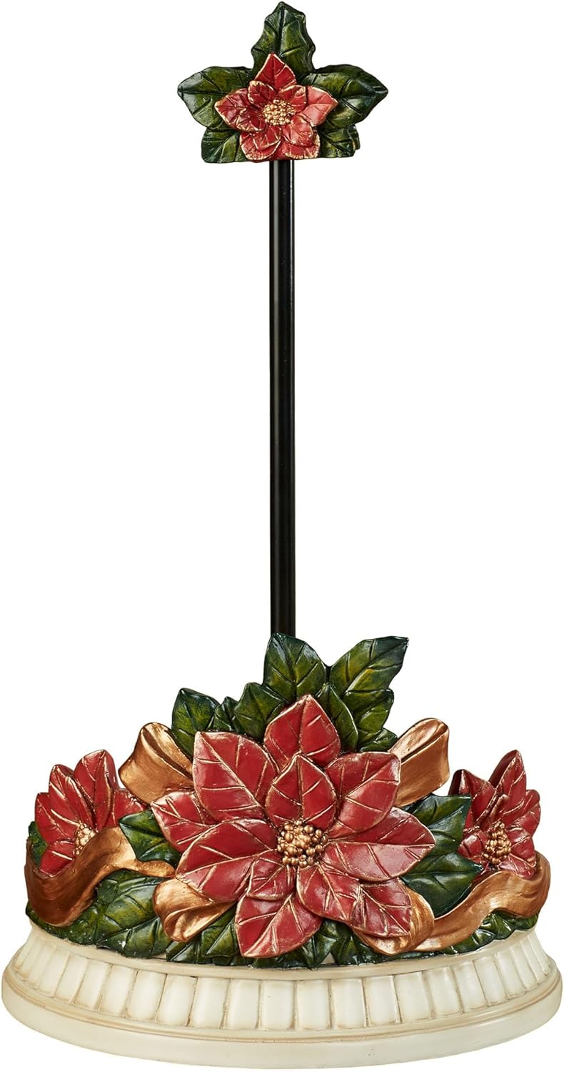 Holiday Poinsettia Flower Paper Towel Holder | Handpainted Red, Green, Gold, & Ivory Christmas Hues | Classic Seasonal Themed Kitchen Countertop Towel Roll Stand | Greenery Finial Allows Easy Changing