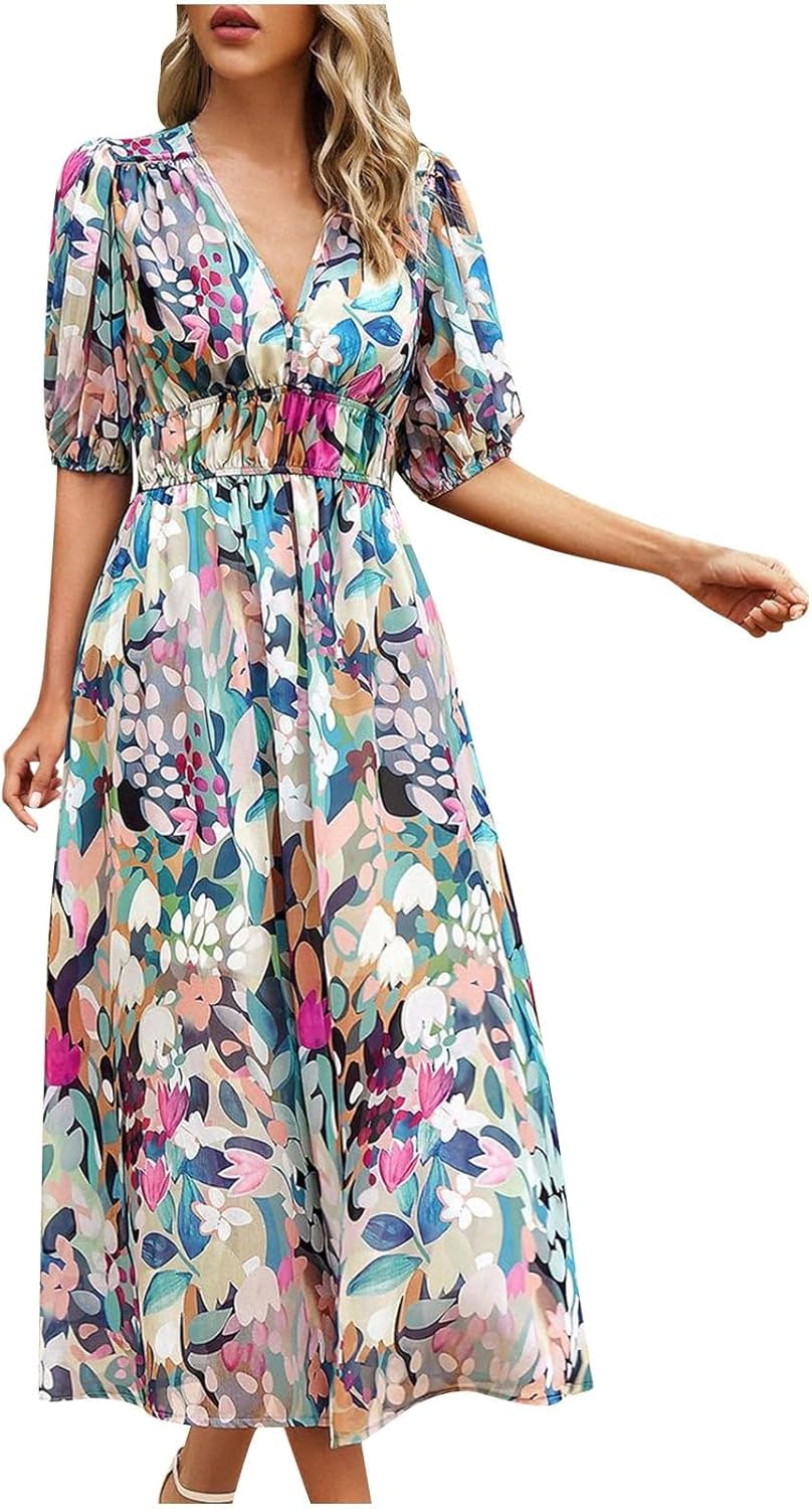 Spring Summer Dresses for Women 2024, Boho Deep V Neck Printed