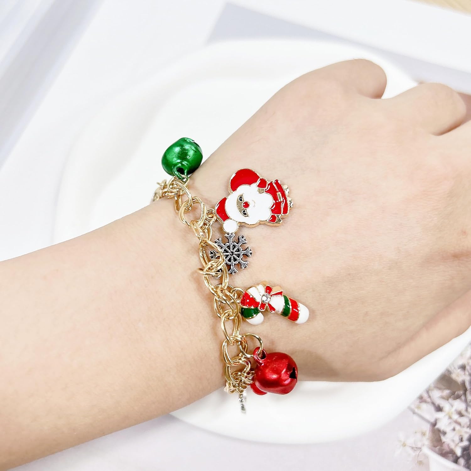 Christmas Red Green Jingle Bells Santa Claus Charm Link Bracelet Gold Plated Cute Cartoon Snowflake Snowman Wreath Gift Box Crutch Sock Adjustable Chain Bracelets Xmas Holiday Jewelry Gifts for Women Daughter Sister BFF - Image 5