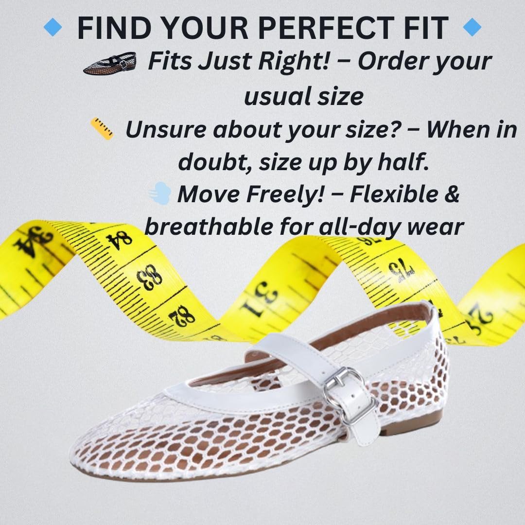 EMMA NEW YORK Mesh Ballet Flats for Women, Mary Jane Mesh Ballet Flats Shoes for Women with Buckle Strap (White, 8.5)