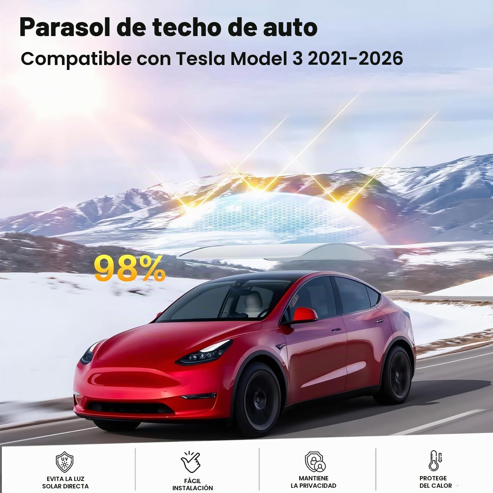 Parasol para Techo de Cristal (Compatible con Tesla Model 3 2021-2026), Paquete de 2 parasoles Plegables con Aislamiento térmico y protección contra Rayos UV y Calor (Gris)